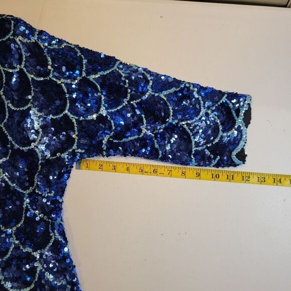 Isabelle 80s Vintage Silk Beaded Sequin Blouse Mermaid Fishscale Pattern Blue - Picture 8 of 9